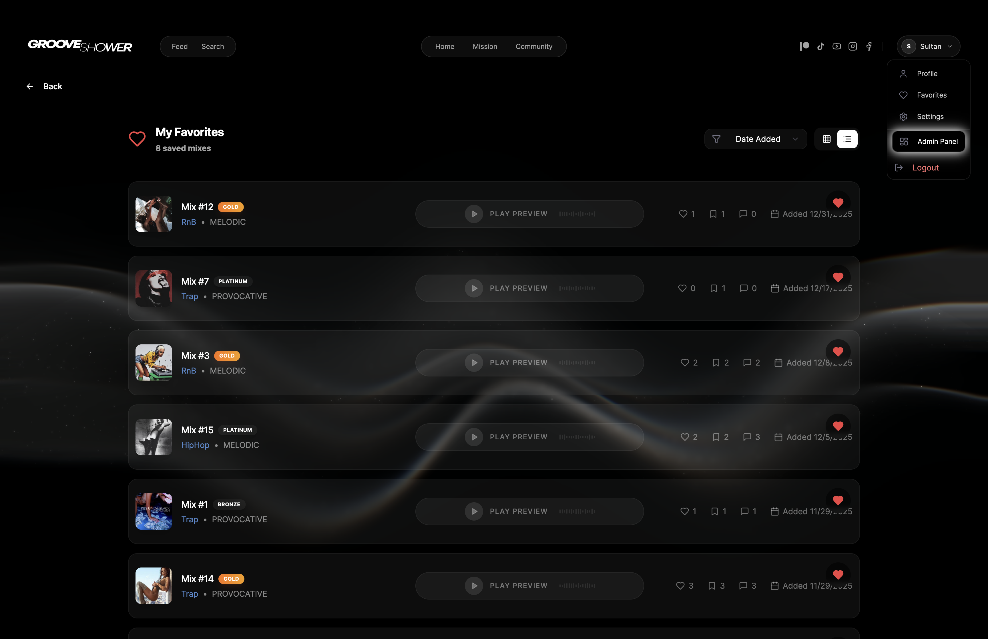 GrooveShower favorites list